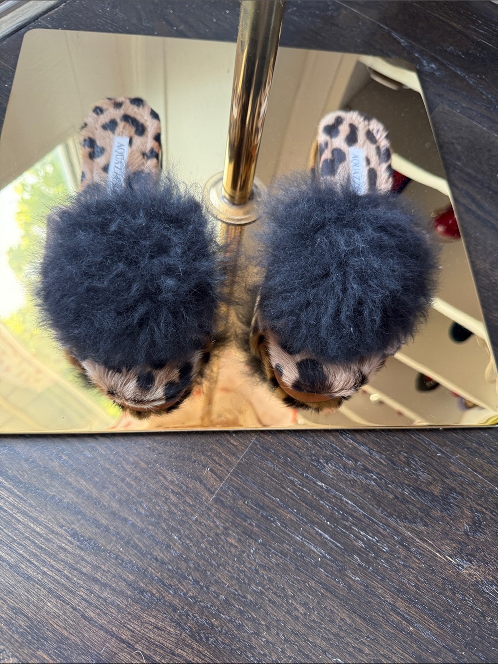 Aquazzura Leopard Print Fur Pom Slide Sandals in Black and Brown